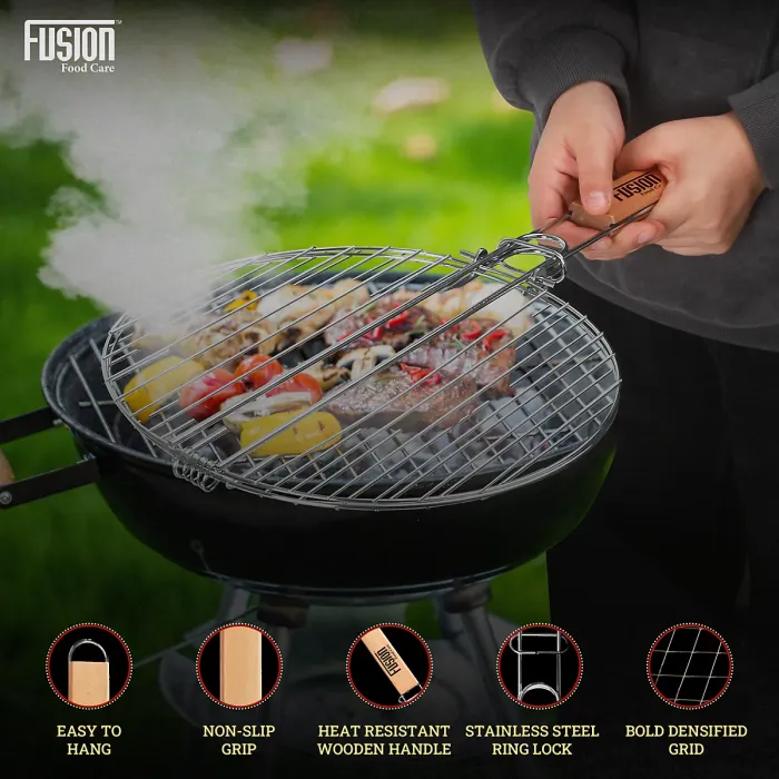 Grill Round Stainless Steel Barbeque Grill Mesh Non Sticky BBQ Grill Grate With Ergonomic Detachable Wooden Handle & Ring Lock