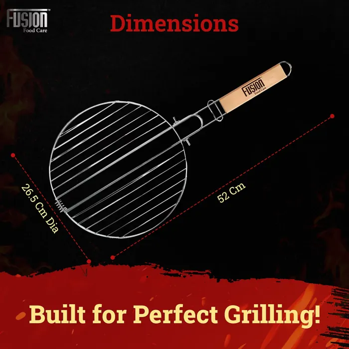 Grill Round Stainless Steel Barbeque Grill Mesh Non Sticky BBQ Grill Grate With Ergonomic Detachable Wooden Handle & Ring Lock