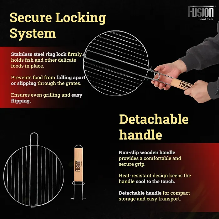 Grill Round Stainless Steel Barbeque Grill Mesh Non Sticky BBQ Grill Grate With Ergonomic Detachable Wooden Handle & Ring Lock