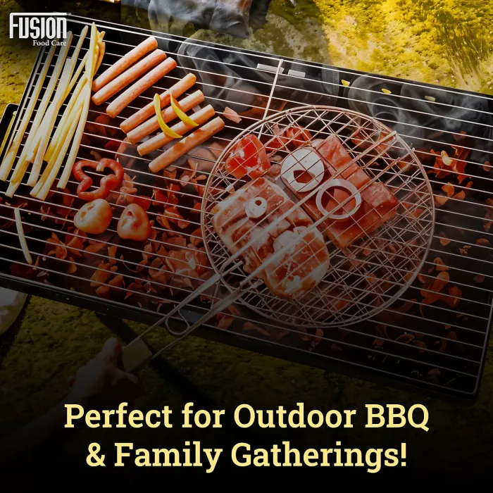 Grill Round Stainless Steel Barbeque Grill Mesh Non Sticky BBQ Grill Grate With Ergonomic Detachable Wooden Handle & Ring Lock