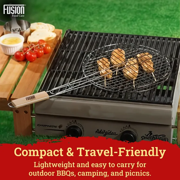 Grill Round Stainless Steel Barbeque Grill Mesh Non Sticky BBQ Grill Grate With Ergonomic Detachable Wooden Handle & Ring Lock