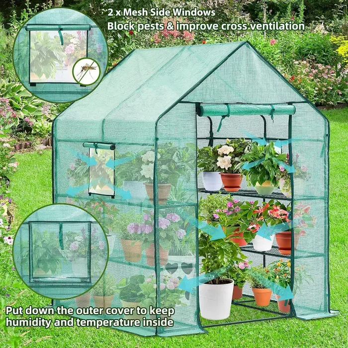 Replacement Reinforced Green PE Cover for Large Walk-In Greenhouse - Heavy Duty 130gsm with 2 Mesh Windows