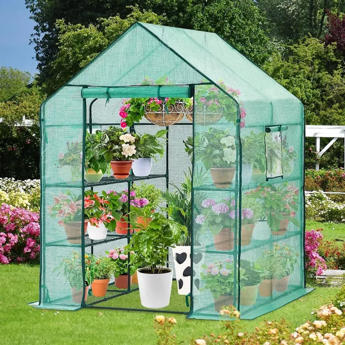 Replacement Reinforced Green PE Cover for Large Walk-In Greenhouse - Heavy Duty 130gsm with 2 Mesh Windows