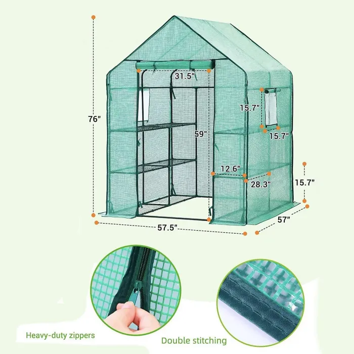Replacement Reinforced Green PE Cover for Large Walk-In Greenhouse - Heavy Duty 130gsm with 2 Mesh Windows