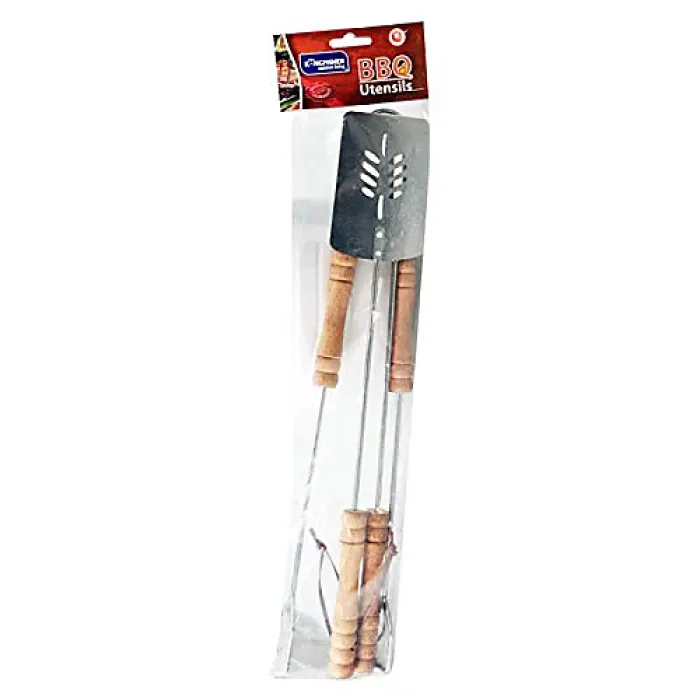 Telescopic Wooden BBQ Tools with Cushion Grip Handles - Non-Stick Blade and Extendable Design