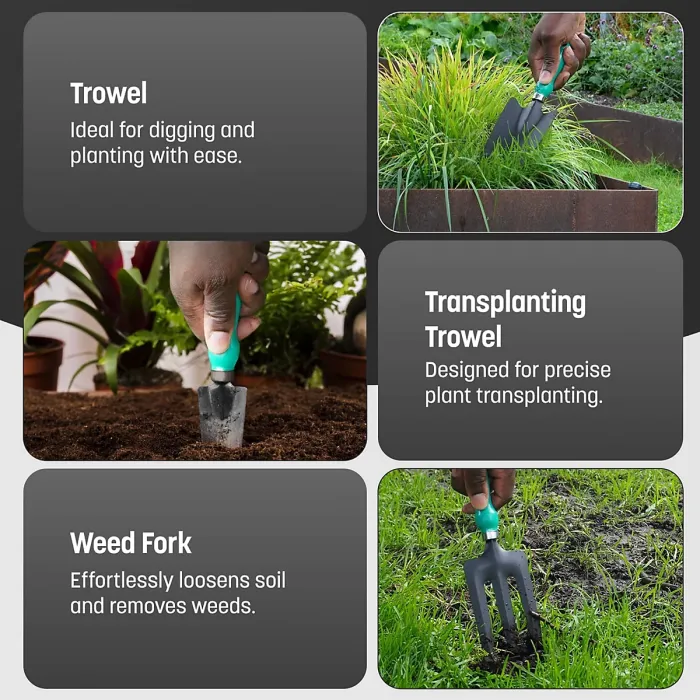 Keplin 3pc Garden Tool Set Carbon Steel Blades & PP Handles Includes Trowel, Transplanting Trowel & Fork Durable & Weatherproof