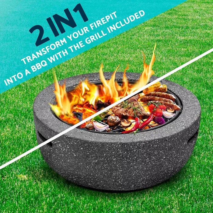 Round MgO Fire Pit with BBQ Grill, 60cm, Safety Mesh Screen - Dark Grey - DG189