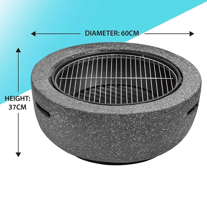Round MgO Fire Pit with BBQ Grill, 60cm, Safety Mesh Screen - Dark Grey - DG189