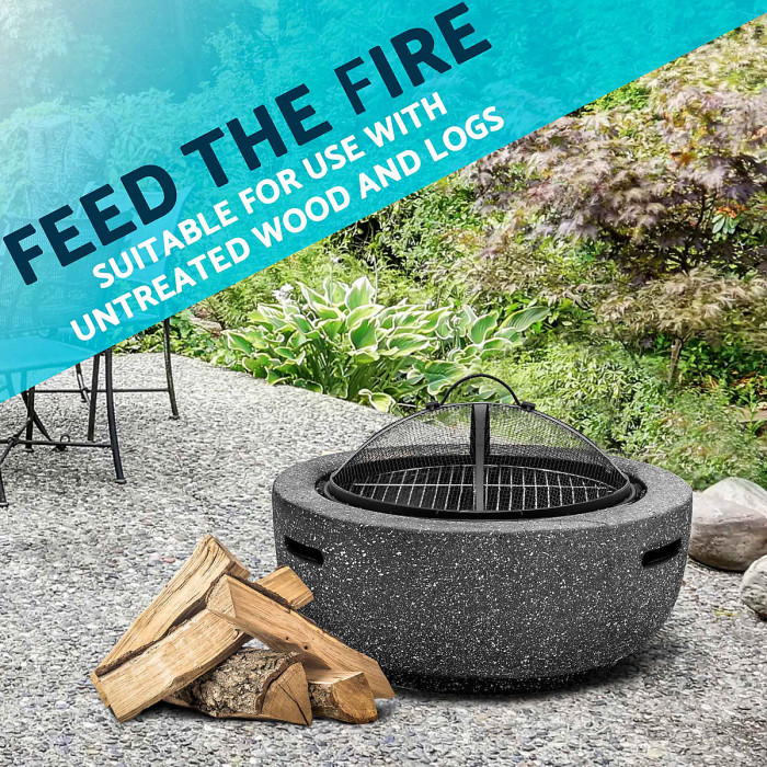 Round MgO Fire Pit with BBQ Grill, 60cm, Safety Mesh Screen - Dark Grey - DG189