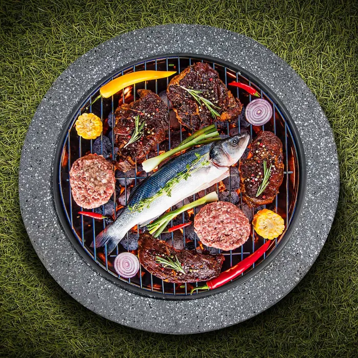 Round MgO Fire Pit with BBQ Grill, 60cm, Safety Mesh Screen - Dark Grey - DG189