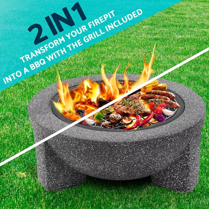 Round MgO Fire Pit with BBQ Grill, 75cm, Safety Mesh Screen - Dark Grey - DG191
