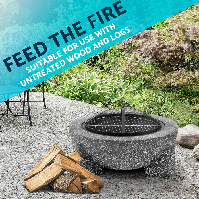 Round MgO Fire Pit with BBQ Grill, 75cm, Safety Mesh Screen - Dark Grey - DG191