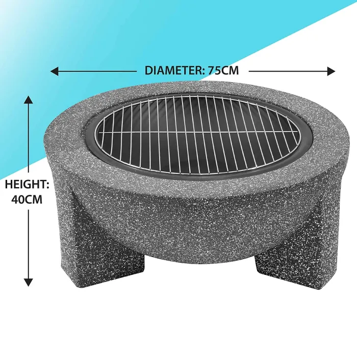 Round MgO Fire Pit with BBQ Grill, 75cm, Safety Mesh Screen - Dark Grey - DG191