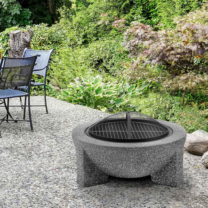 Round MgO Fire Pit with BBQ Grill, 75cm, Safety Mesh Screen - Dark Grey - DG191