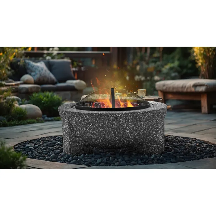 Round MgO Fire Pit with BBQ Grill, 75cm, Safety Mesh Screen - Dark Grey - DG191