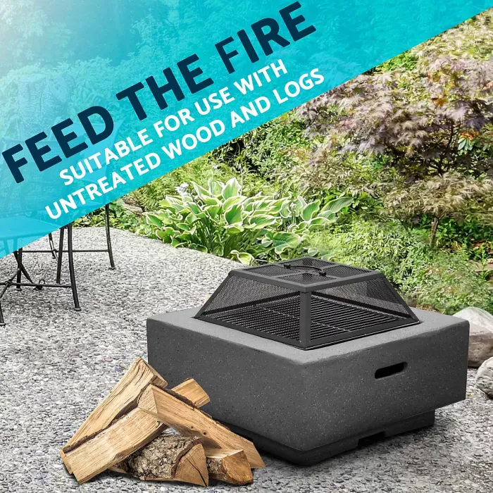 Square MgO Fire Pit with BBQ Grill, Safety Mesh Screen and Fire Poker - Dark Grey - DG193