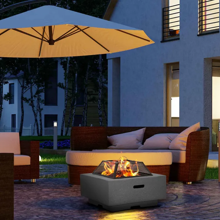 Square MgO Fire Pit with BBQ Grill, Safety Mesh Screen and Fire Poker - Dark Grey - DG193