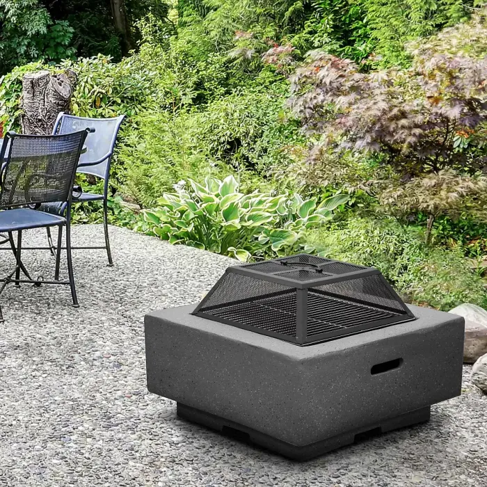 Square MgO Fire Pit with BBQ Grill, Safety Mesh Screen and Fire Poker - Dark Grey - DG193