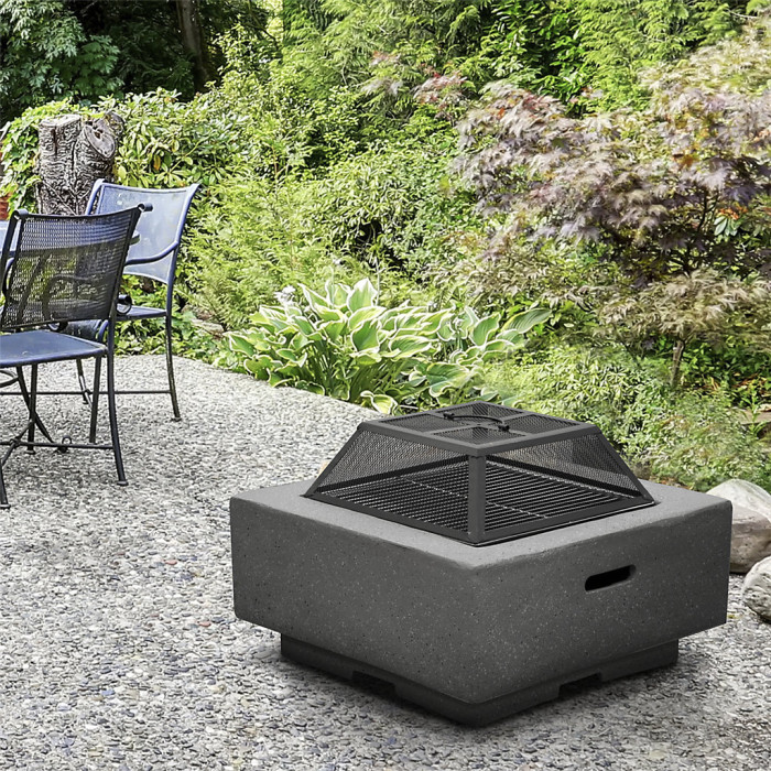 Square MgO Fire Pit with BBQ Grill, Safety Mesh Screen and Fire Poker - Dark Grey - DG193