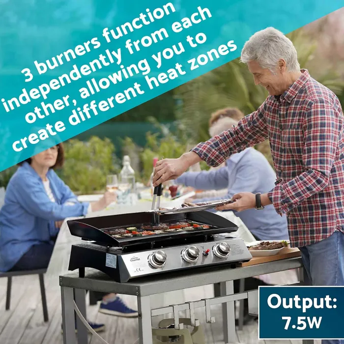 Dellonda 3 Burner Portable Gas Plancha 7.5kW Hot Plate BBQ, Cover, S/Steel