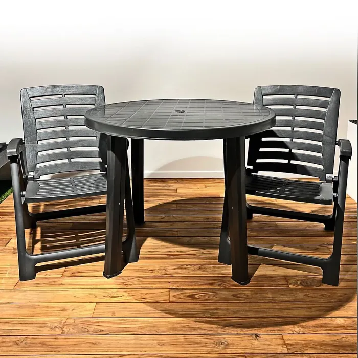 URBNLIVING 72cm Height Table 2 Chairs Outdoor Patio Garden Furniture Black Round Plastic Table and Folding Chairs Set