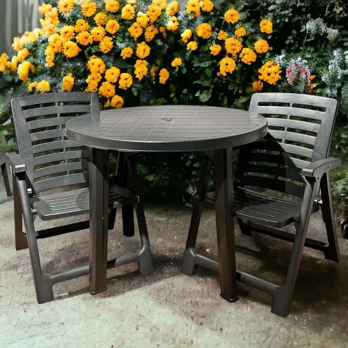 URBNGARDEN 72cm Height Table with 4 Chairs Outdoor Patio Garden Furniture Black Round Plastic Table and Folding Chairs Set