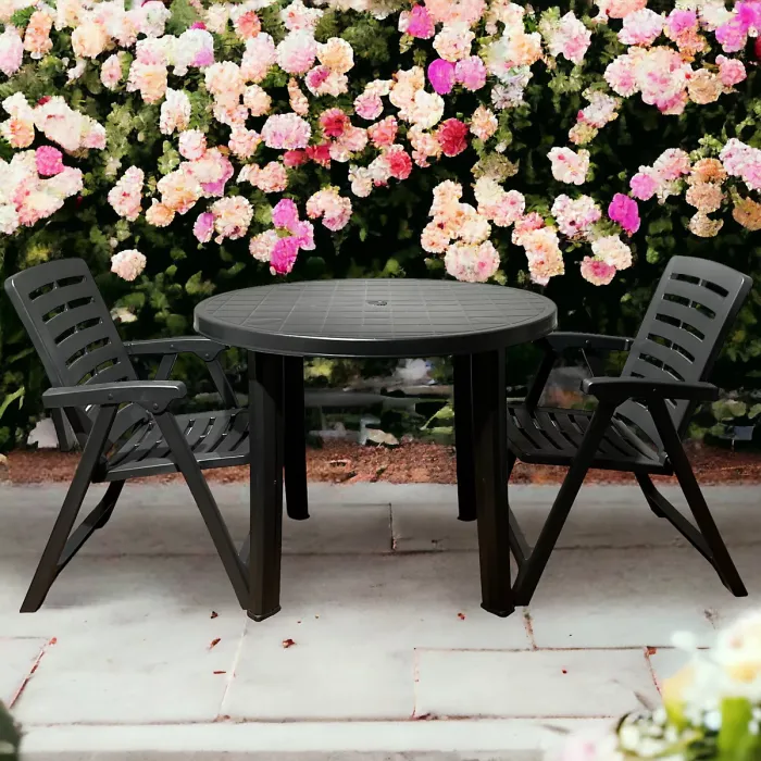 URBNGARDEN 72cm Height Table with 4 Chairs Outdoor Patio Garden Furniture Black Round Plastic Table and Folding Chairs Set