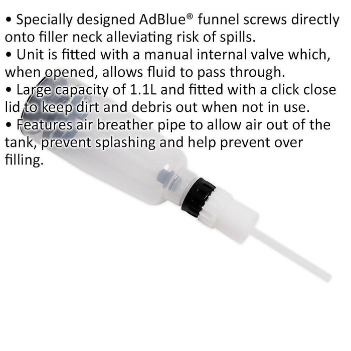 1.1 Litre Straight AdBlue Filling Funnel - Manual Internal Valve - Screw On