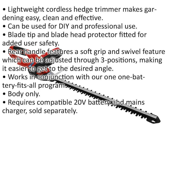 20V Lightweight Cordless Hedge Trimmer - 520mm Blade - Swivel Grip - Body Only
