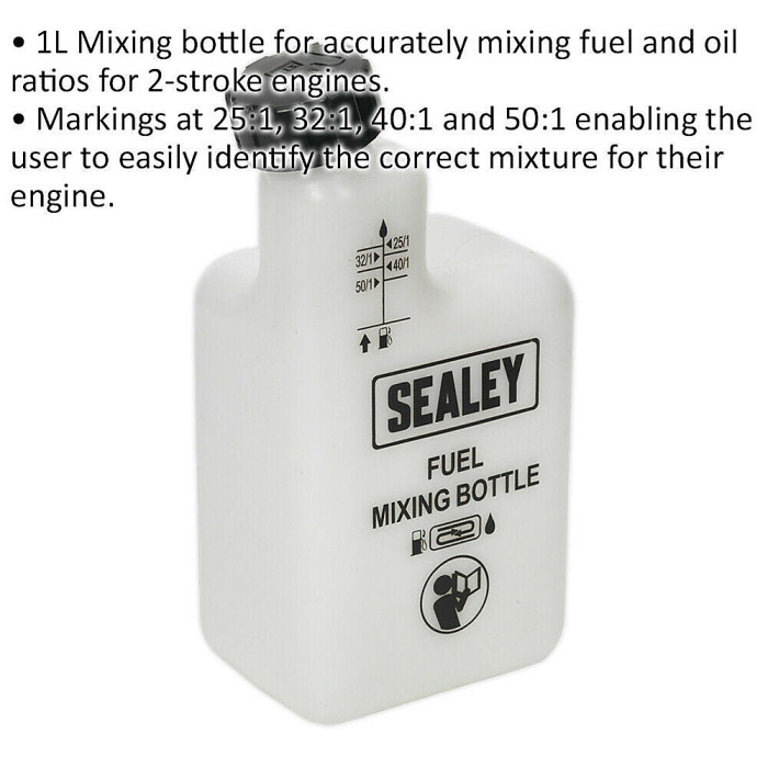 1 Litre 2-Stroke Petrol Fuel Mixing Bottle with Ratio Markings for Accurate Mixing