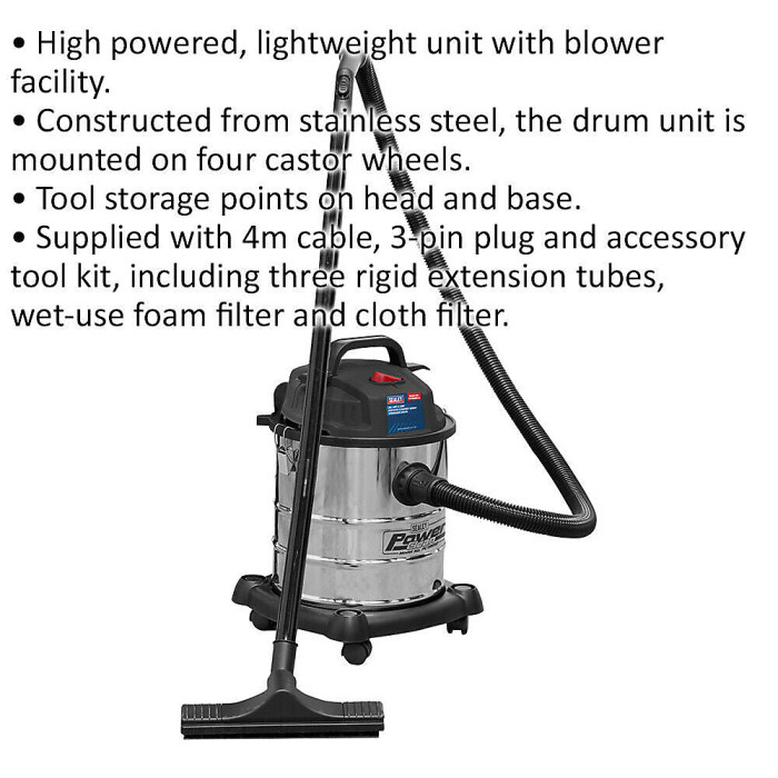 1200W Wet & Dry Vacuum Cleaner - 20L Stainless Steel Drum - Accessory Tool Kit