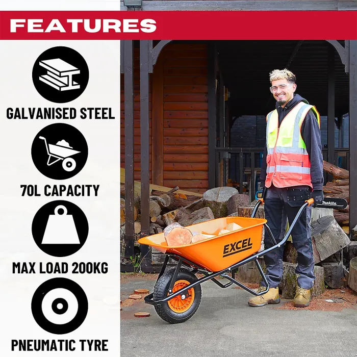 Excel 70L Wheelbarrow Garden Cart Heavy Duty, Galvanized Tray & Smooth-Gliding Pneumatic Wheel with Non-Slip Handles