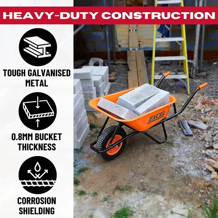 Excel 70L Wheelbarrow Garden Cart Heavy Duty, Galvanized Tray & Smooth-Gliding Pneumatic Wheel with Non-Slip Handles
