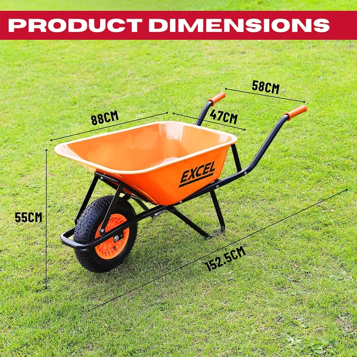 Excel 70L Wheelbarrow Garden Cart Heavy Duty, Galvanized Tray & Smooth-Gliding Pneumatic Wheel with Non-Slip Handles