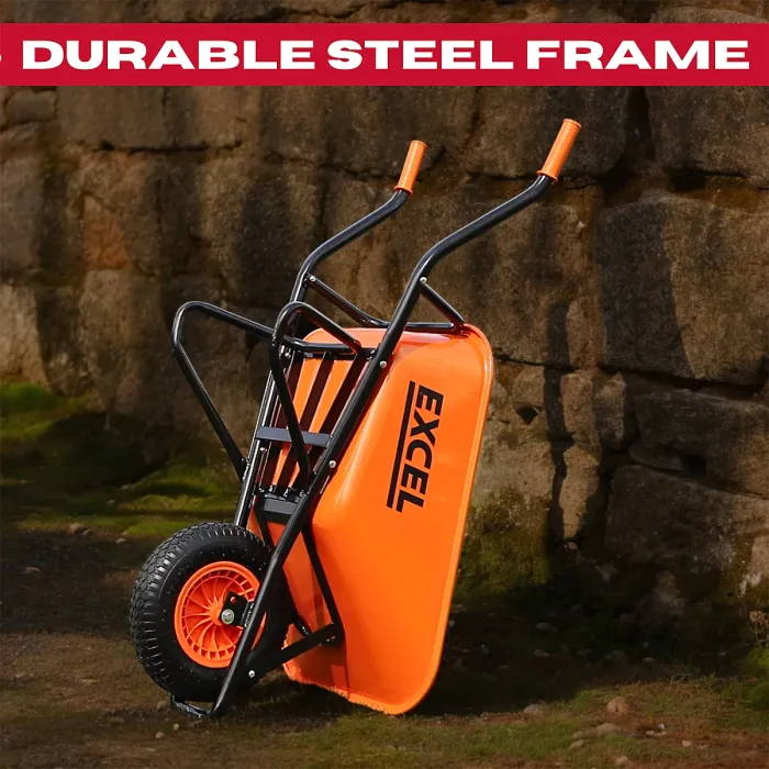 Excel 70L Wheelbarrow Garden Cart Heavy Duty, Galvanized Tray & Smooth-Gliding Pneumatic Wheel with Non-Slip Handles