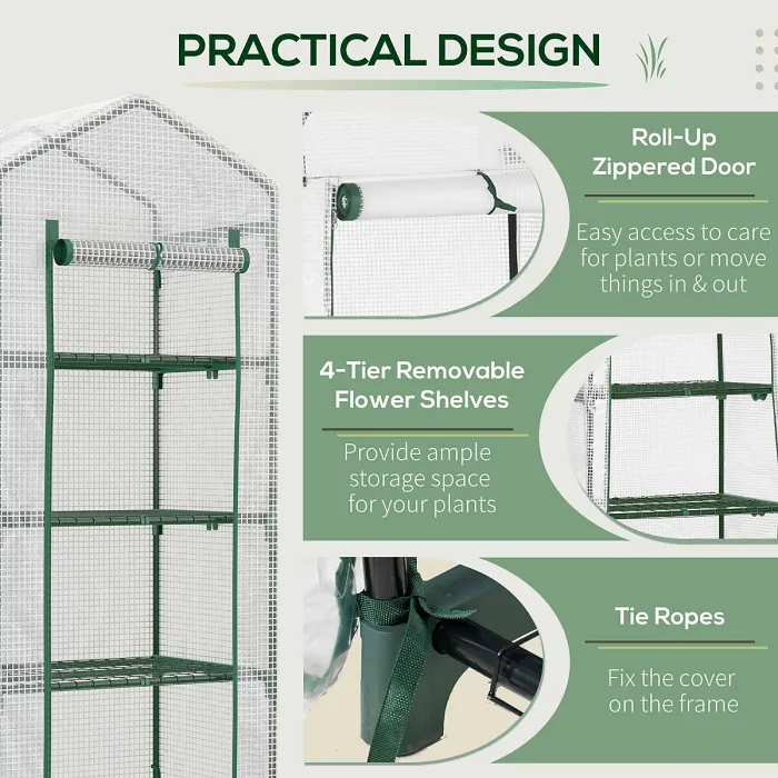 Outsunny Mini Greenhouse 4-Tier Portable Plant House Shed w/ PE Cover, White