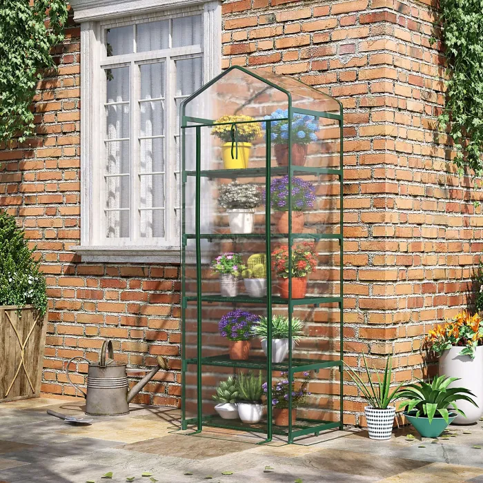 Outsunny 5 Tier Mini Greenhouse Grow House w/ Roll Up Door, Green