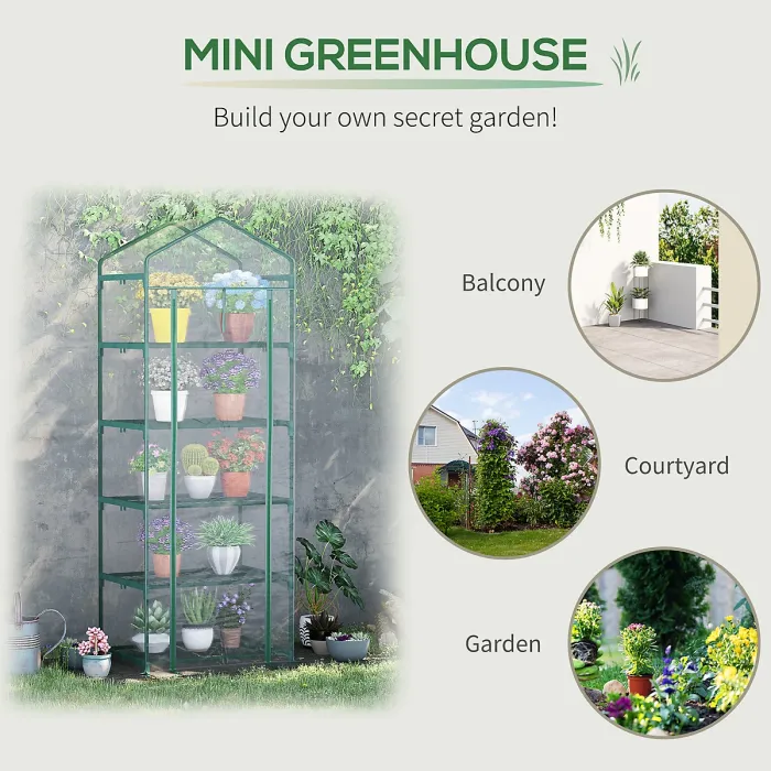 Outsunny 5 Tier Mini Greenhouse Grow House w/ Roll Up Door, Green