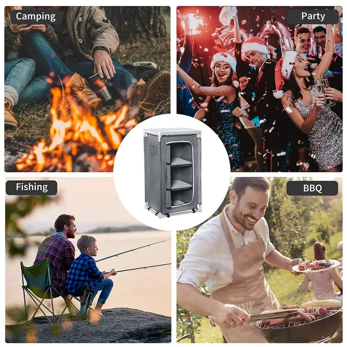 Outsunny Outdoor 3-shelf Camping Cupboard Kitchen Station Cook Table Grey