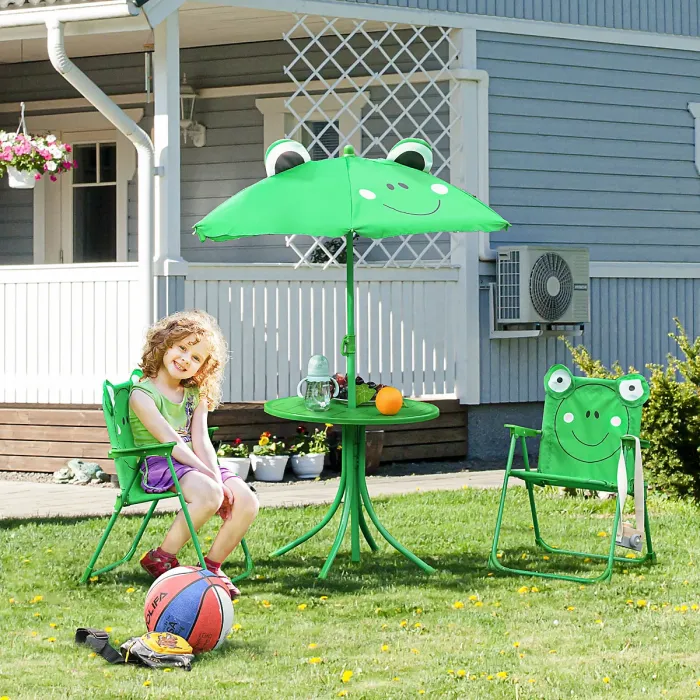Outsunny Foldable Patio Kids Metal Picnic Table w/ Frog Umbrella Green 4-piece