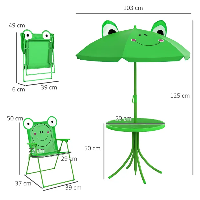 Outsunny Foldable Patio Kids Metal Picnic Table w/ Frog Umbrella Green 4-piece