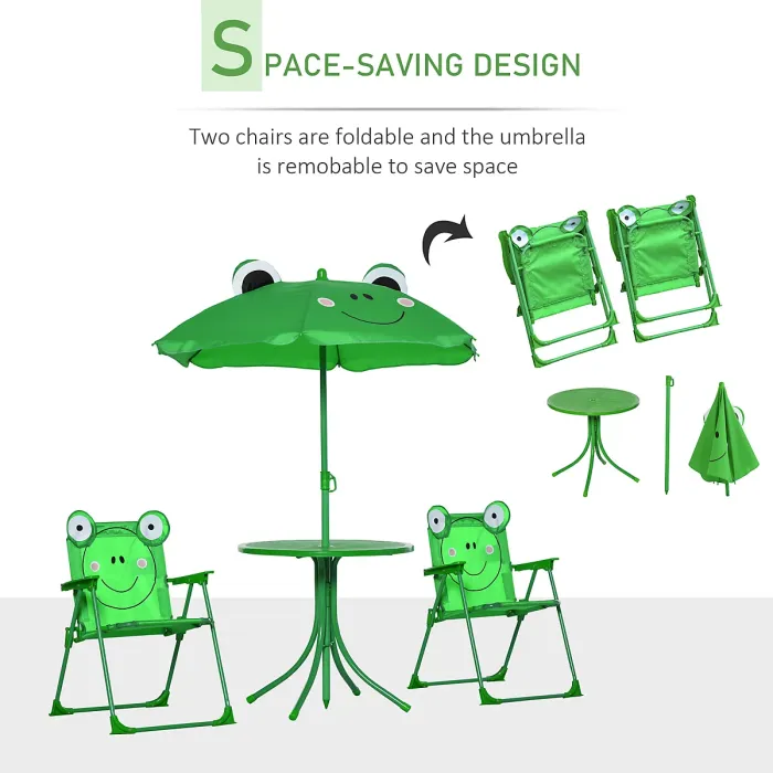 Outsunny Foldable Patio Kids Metal Picnic Table w/ Frog Umbrella Green 4-piece