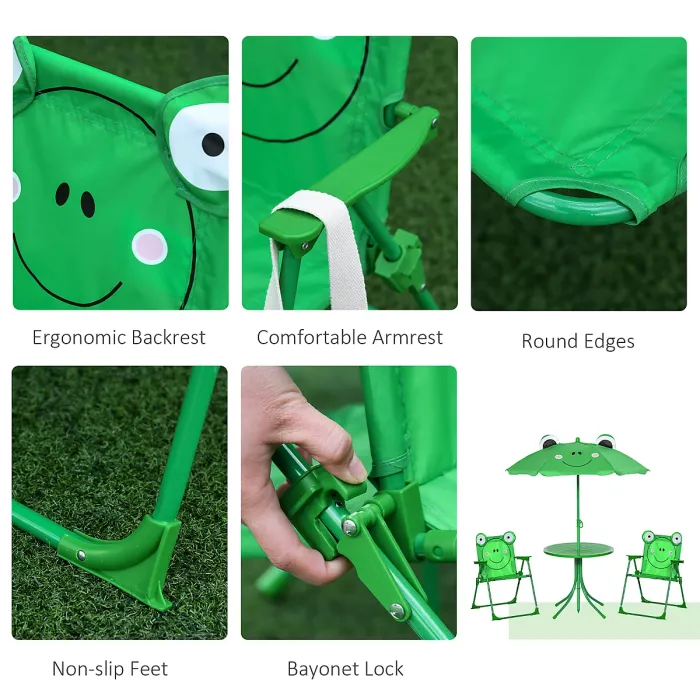 Outsunny Foldable Patio Kids Metal Picnic Table w/ Frog Umbrella Green 4-piece