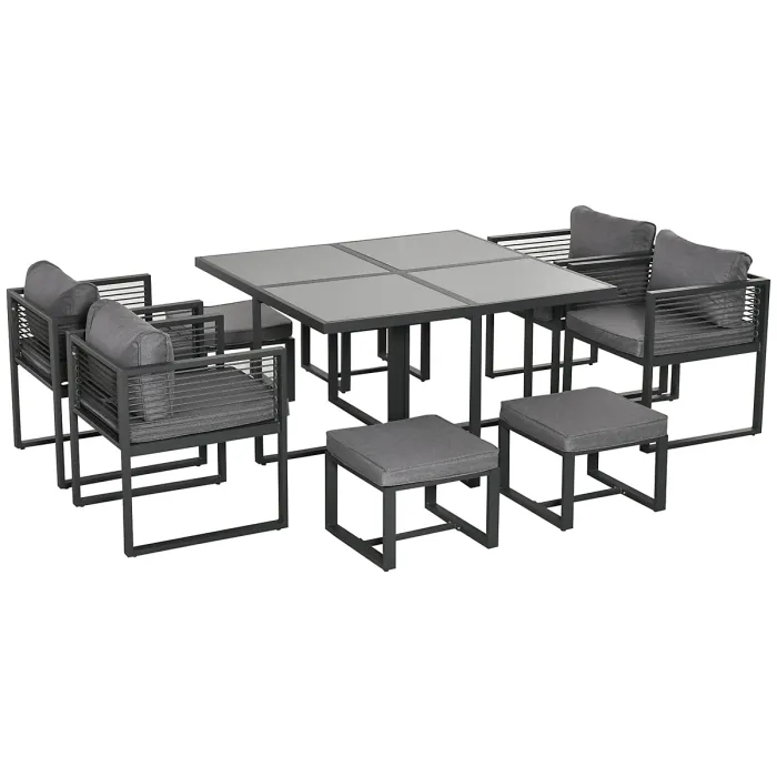 Outsunny 8 Seater Aluminium Garden Dining Cube Set w/ 4 Chairs 4 Footstools