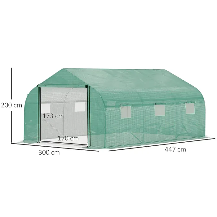 Outsunny 4.5 x 3 x 2m Outdoor Tunnel Greenhouse w/ Roll Up Door 6 Windows Green