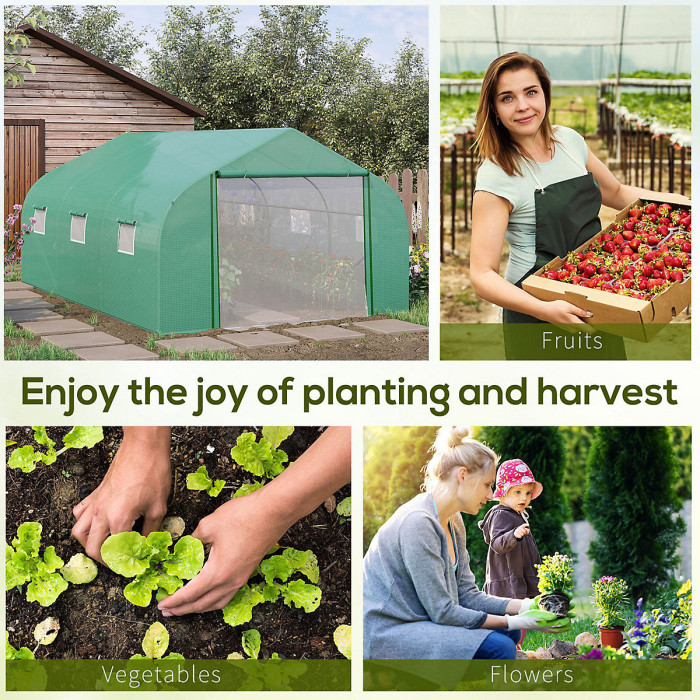 Outsunny 4.5 x 3 x 2m Outdoor Tunnel Greenhouse w/ Roll Up Door 6 Windows Green