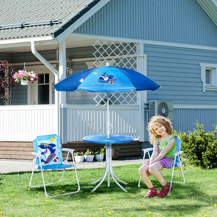 Outsunny Kids Foldable Four-Piece Garden Set w/ Table, Chairs, Umbrella - Blue