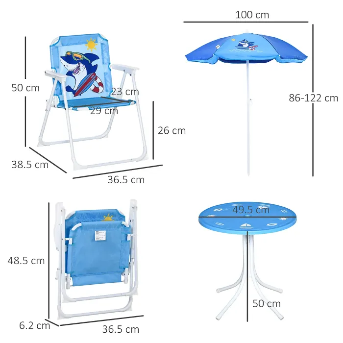 Outsunny Kids Foldable Four-Piece Garden Set w/ Table, Chairs, Umbrella - Blue