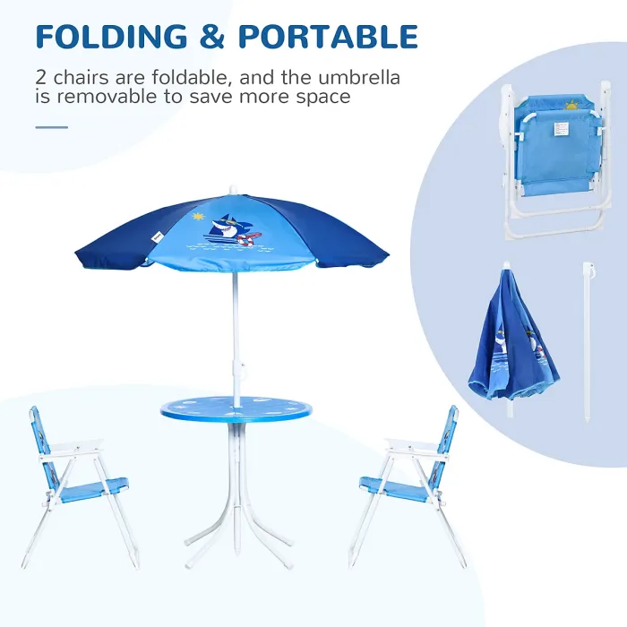 Outsunny Kids Foldable Four-Piece Garden Set w/ Table, Chairs, Umbrella - Blue