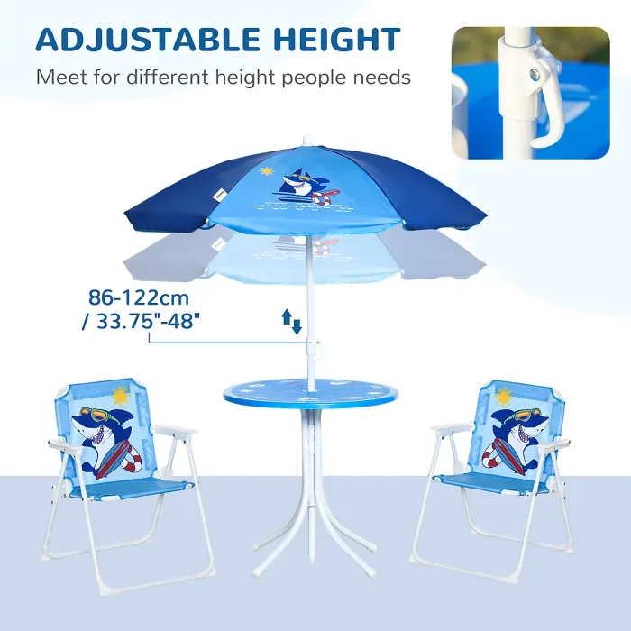 Outsunny Kids Foldable Four-Piece Garden Set w/ Table, Chairs, Umbrella - Blue